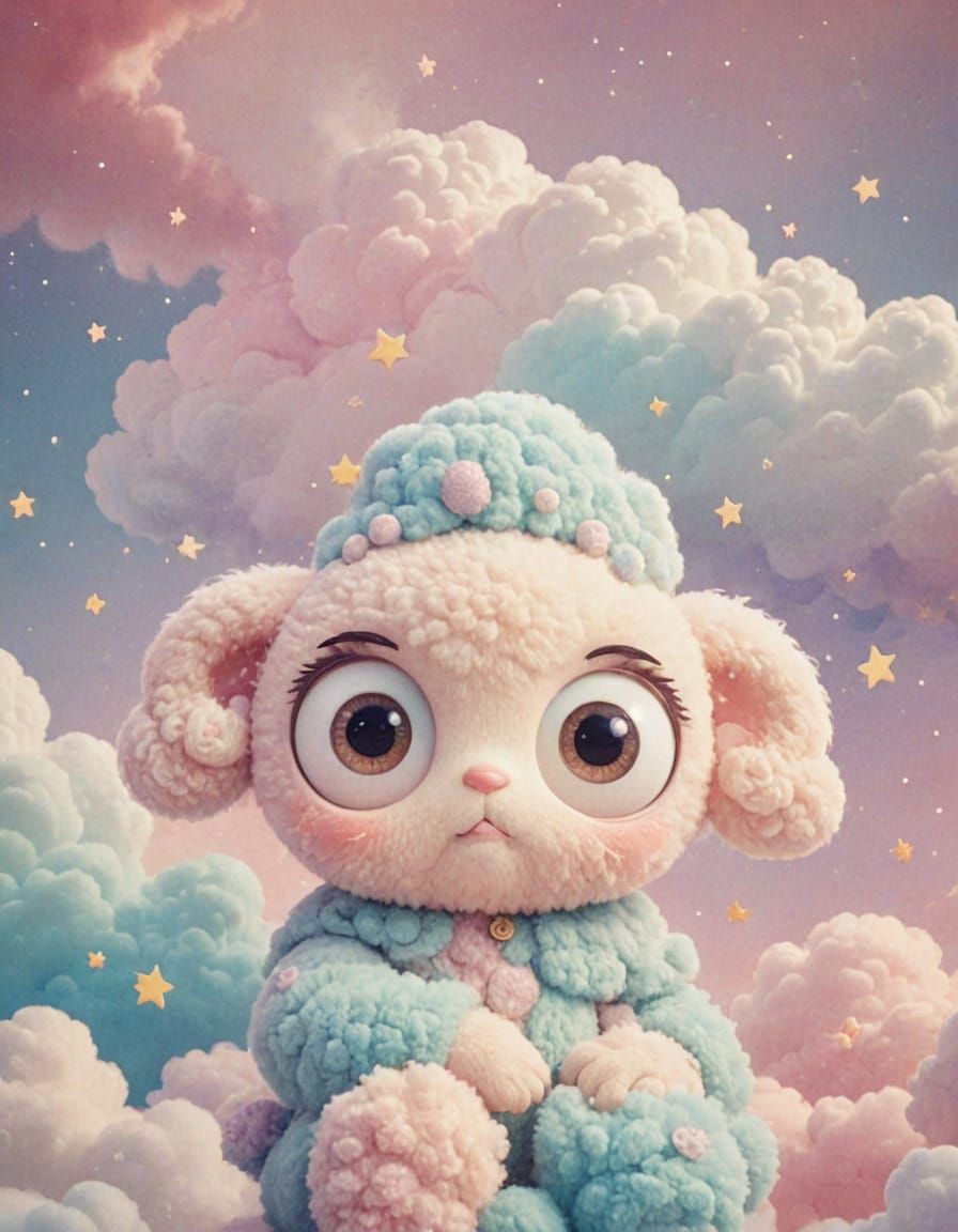 Kawaii Whimsy: Soft Focus Cartoon Character Surrounded by Cl...