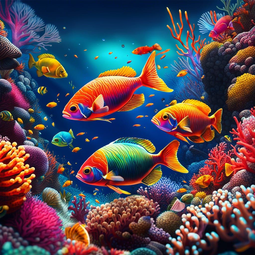 Vivid Coral Reef Scene in Hyperrealistic Splash Art