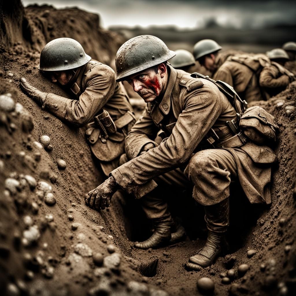 Distressed WWI Soldier in Trench, Hyperrealistic