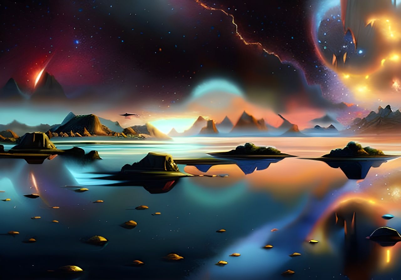 Cosmic Judgement Day Reflected on Lake, Digital Rococo Paint...