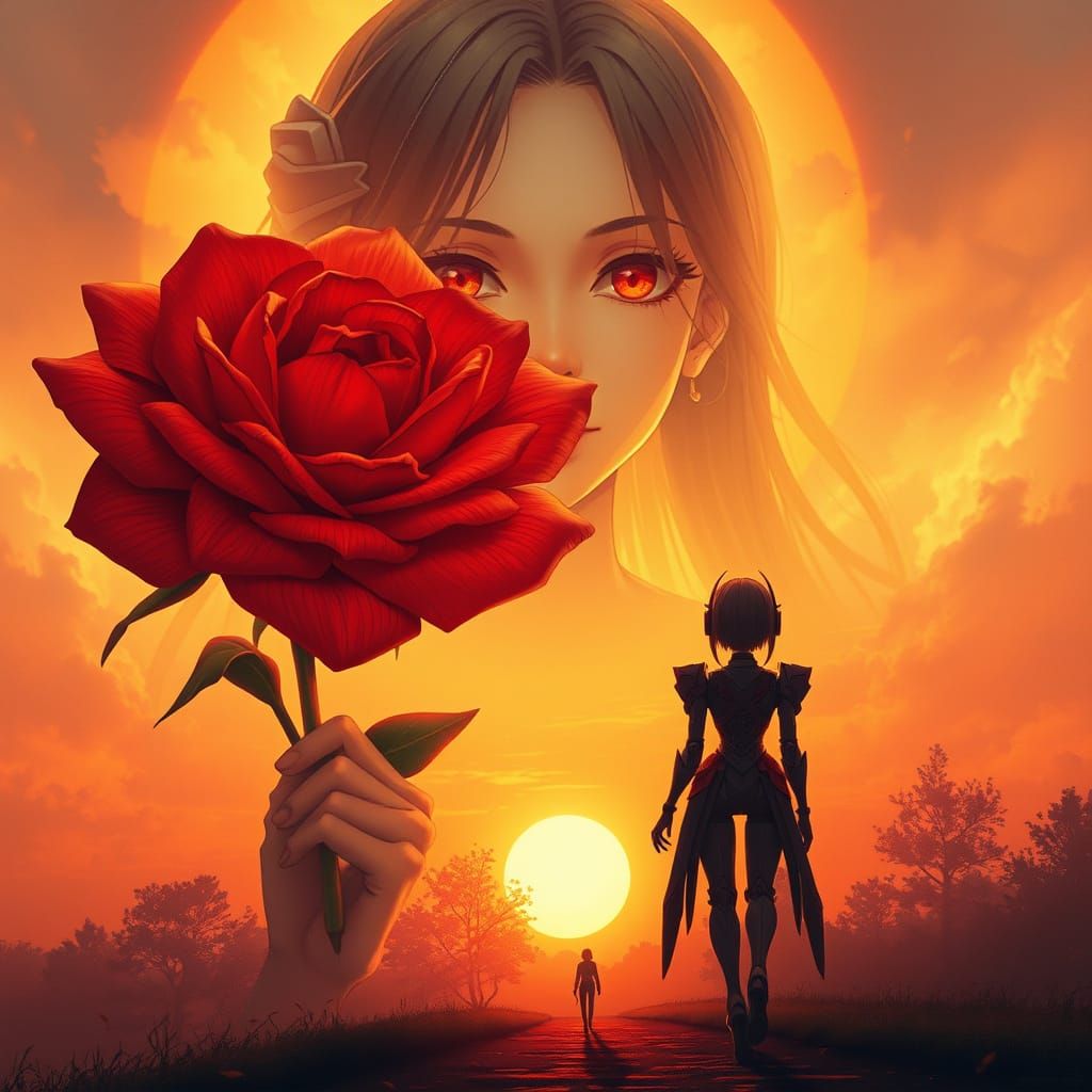 Anime Mecha Portrait with Rose in Bokeh Style