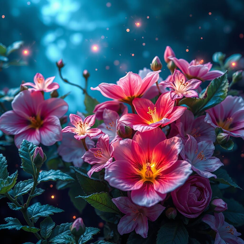 Ethereal Blossoms Among Starforged Metallic Flora