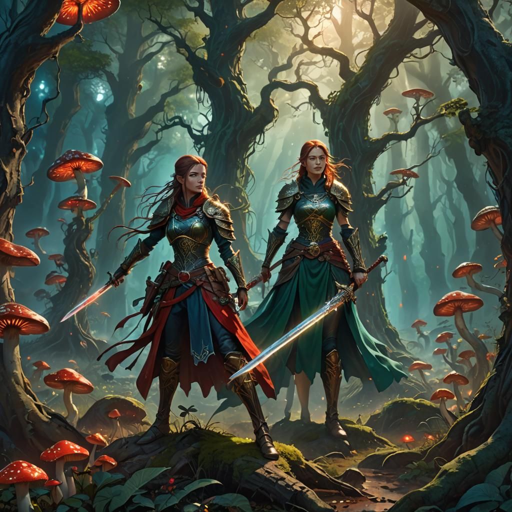 Bloodred Swordswoman in Mystical Forest: Digital Art