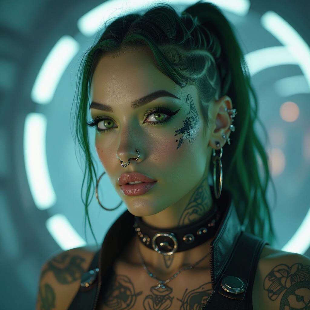 Futuristic Green-Skinned Woman with Tattoos, Hyperrealistic ...