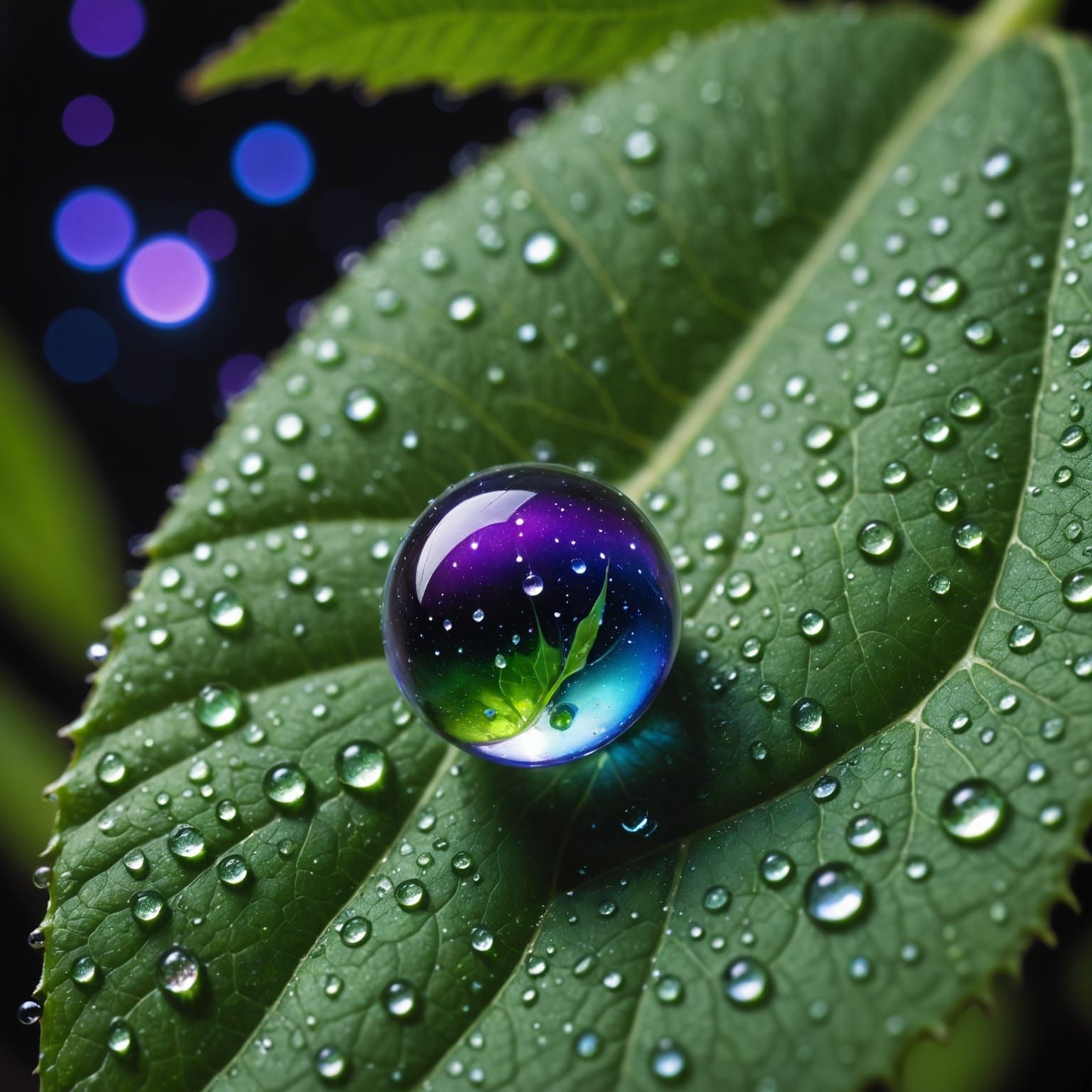 Dewdrop on Leaf Reflecting a Galaxy - Hyperrealistic Macro
