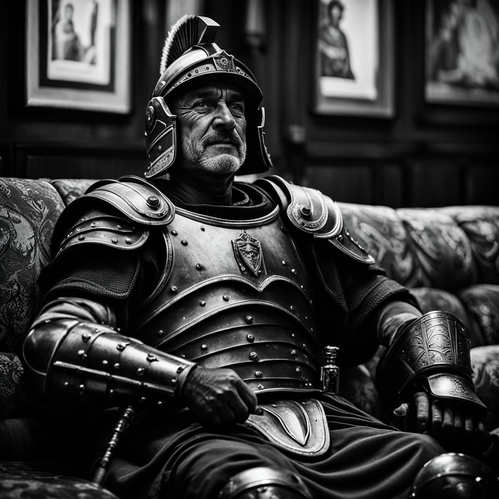 Smiling Roman Soldier Watching TV in Black and White
