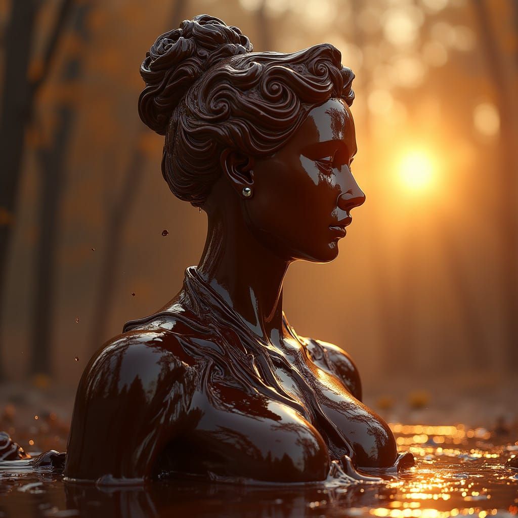 Majestic Chocolate Statue Melts in Warm Light