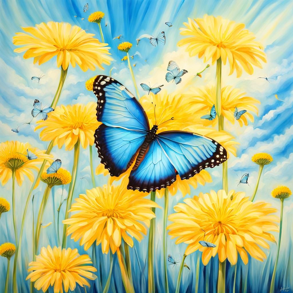 Crystal Blue Morpho Butterfly on Dandelion in Watercolor