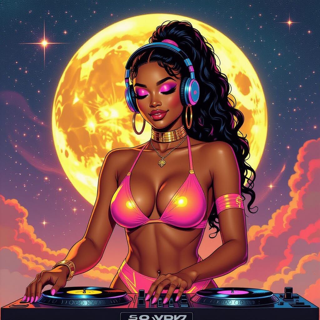 Aphropunk Diva DJs in a Boris Vallejo Comic Style