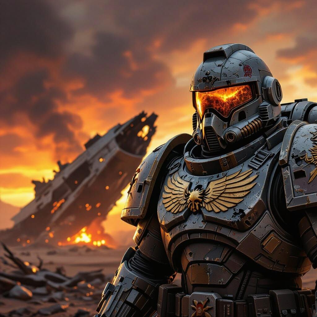 Rugged Space Marine Guards Alien Sunset Over Wreckage