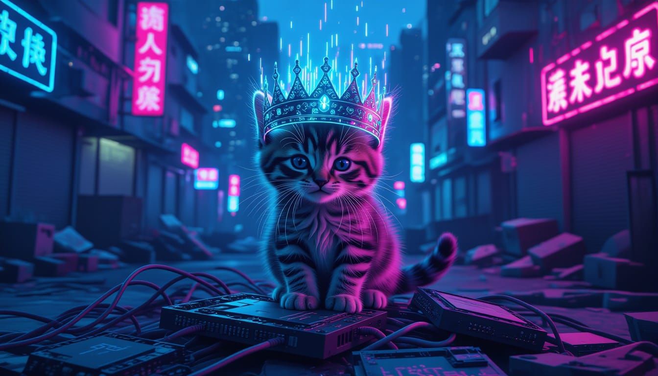 Mischievous Kitten in Glitch Art Crown on Circuit Boards