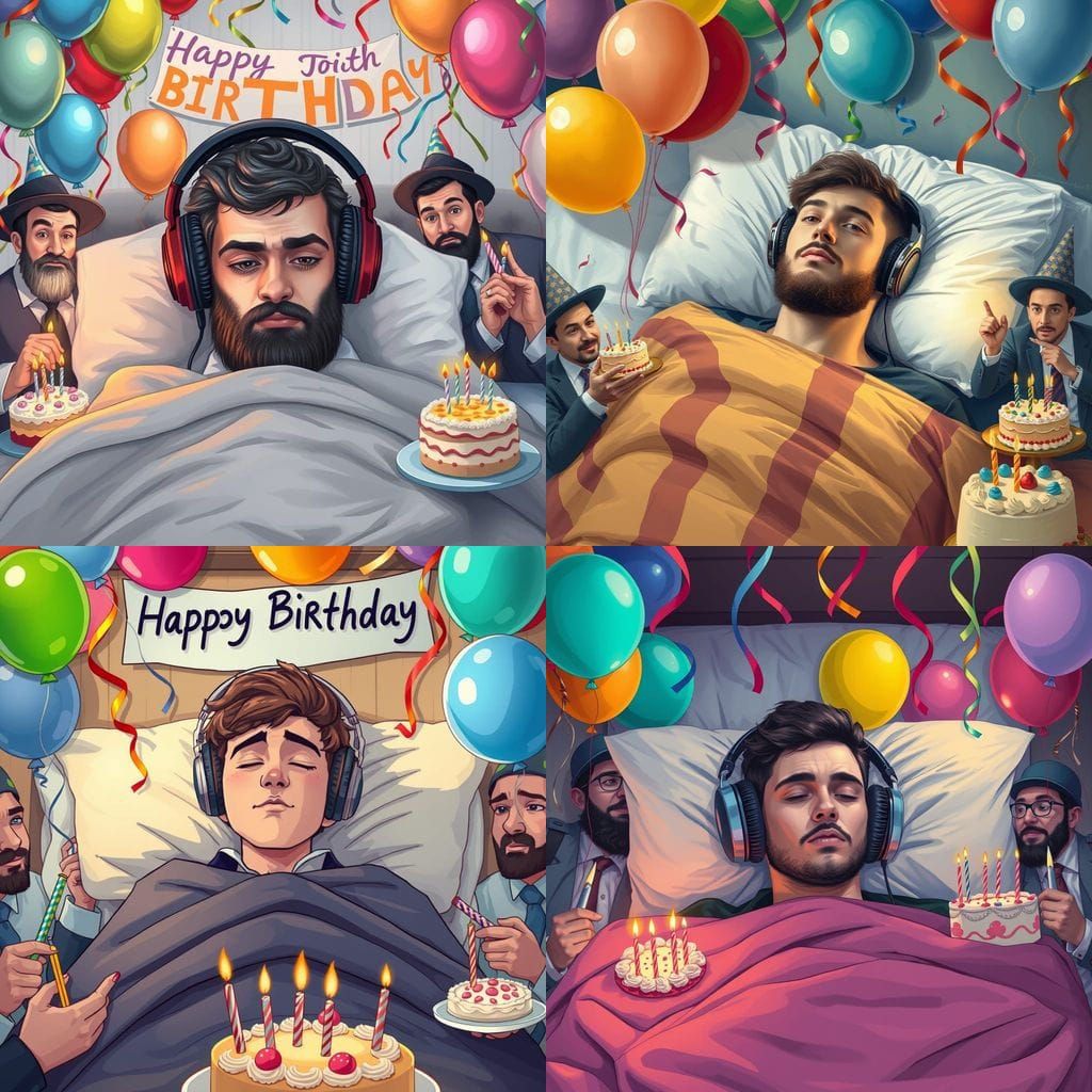Serene Man in Bed Amidst Birthday Party: Digital Painting