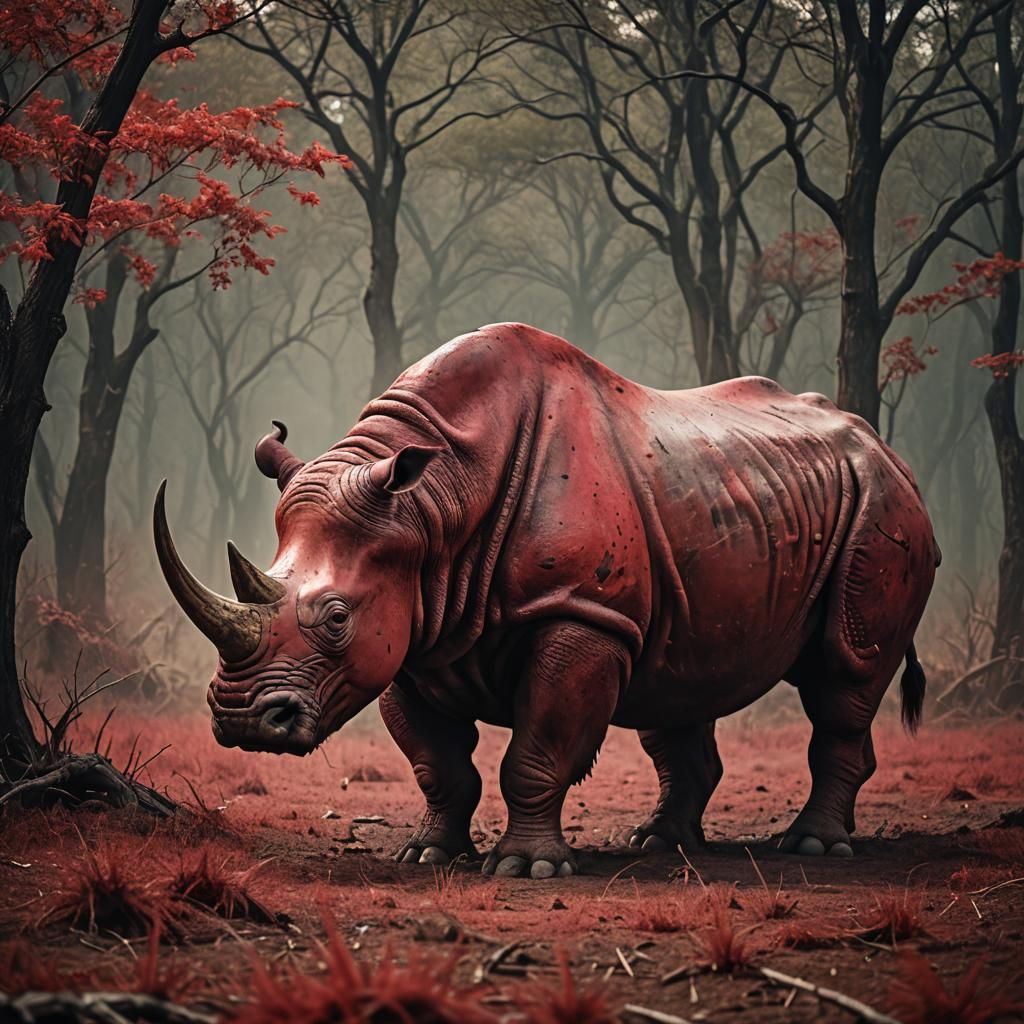 Horrific Red Rhino Giant in Cinematic Style
