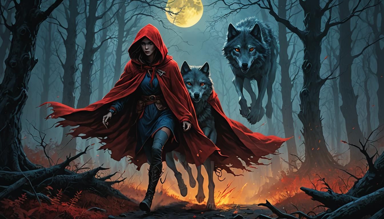 Girl in Red Cloak Running from Wolf in Forest