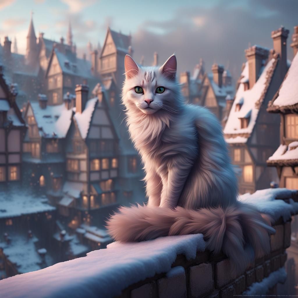 Cat on a Pastel Medieval Winter Street