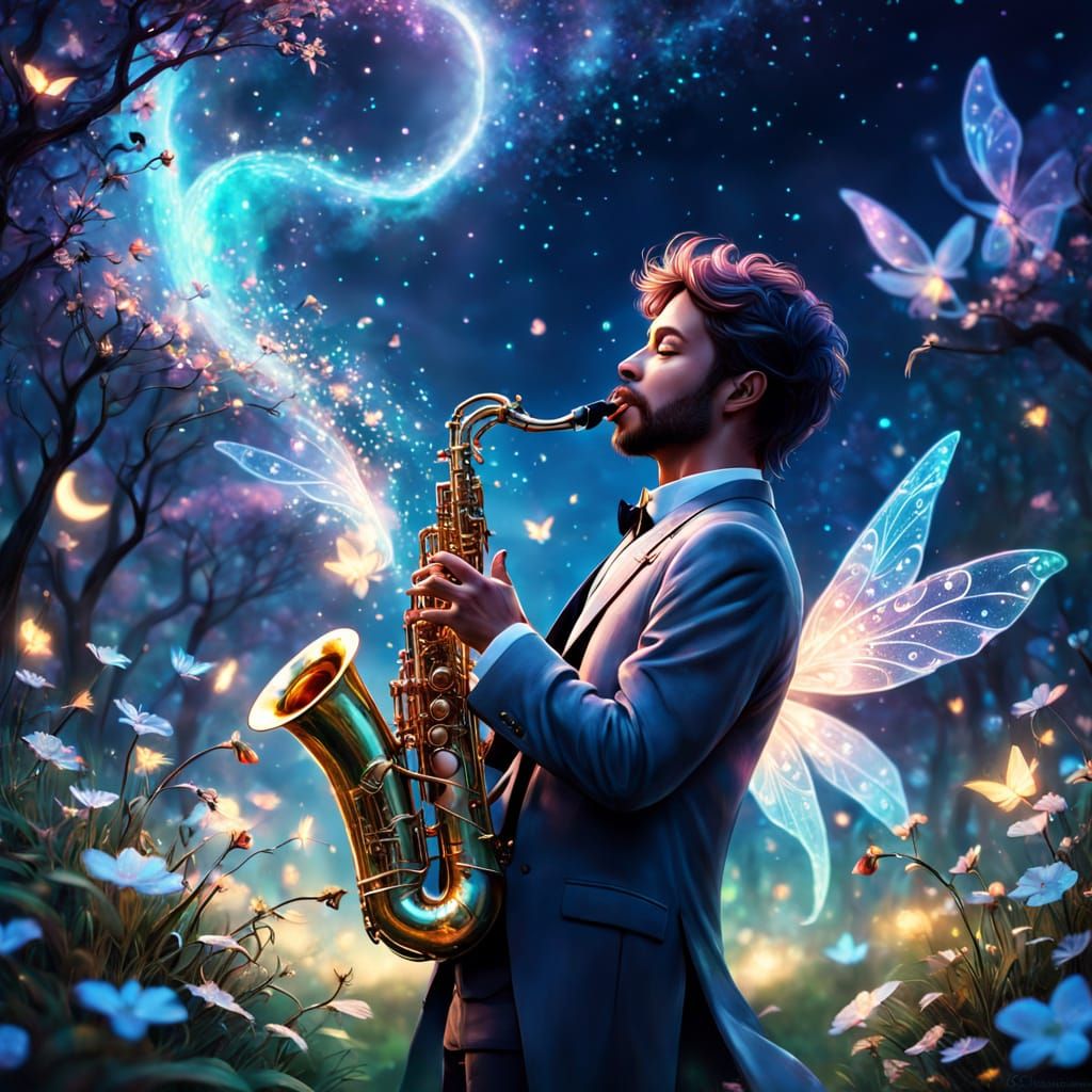 Magical Musician Under Moonlit Sky with Fairies and Notes
