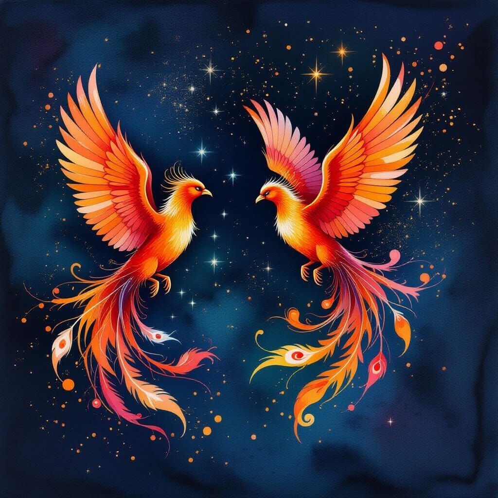 Phoenixes Soaring in Alcohol Ink Style