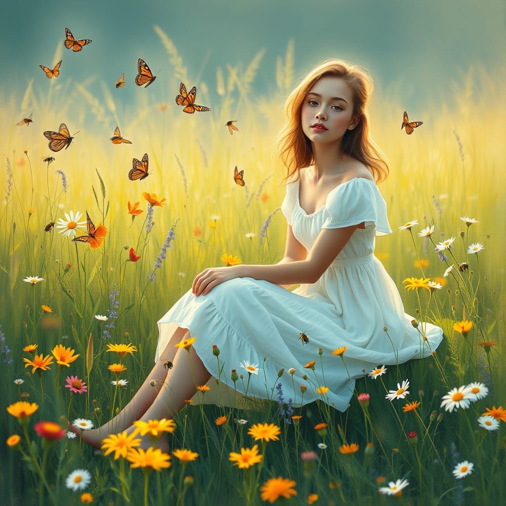 Woman in Wildflower Meadow: Impressionist Style