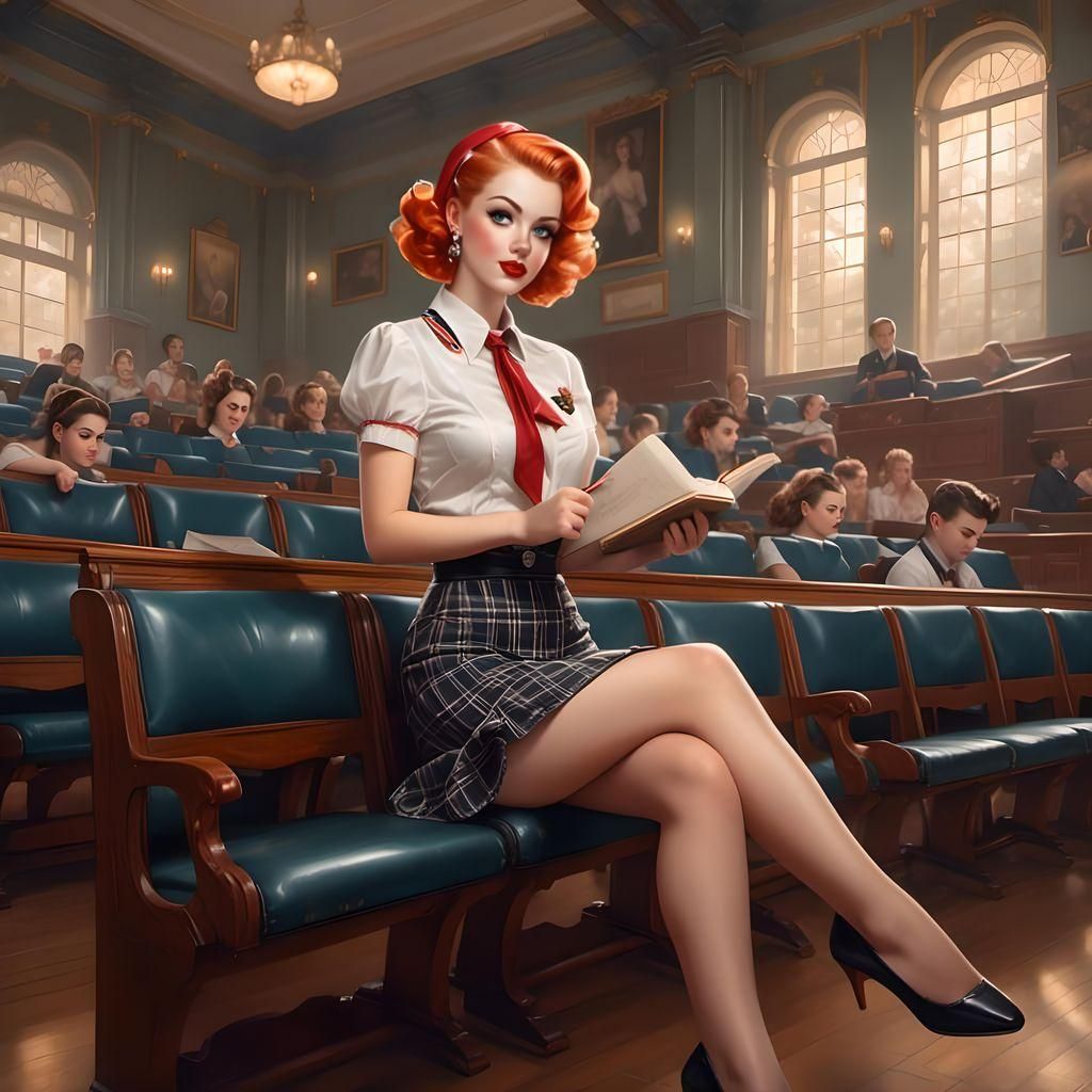 Retro Pinup of College Student in Lecture Hall