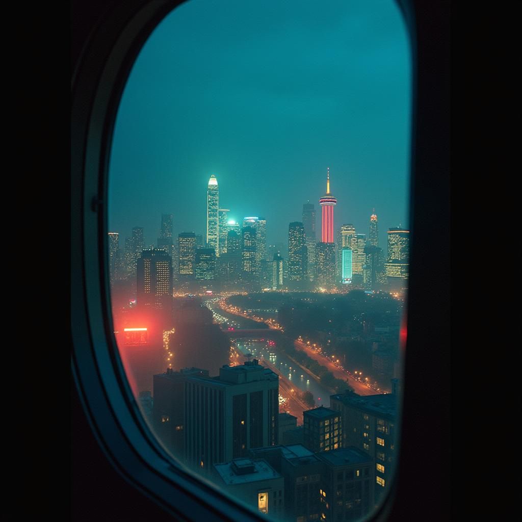 Neon Glass Cityscape in Film Still Style