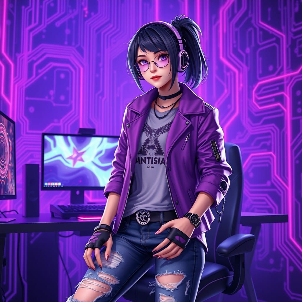 Digital Fantasy Girl Surrounded by Vibrant Circuitry