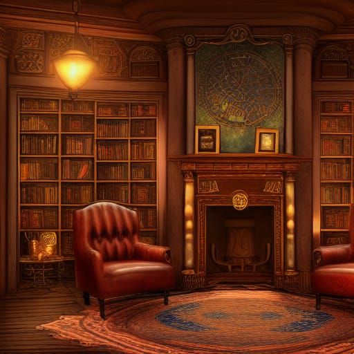 Cozy Steampunk Library with Fireplace, Matte Painting