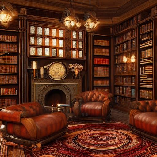 Cozy Steampunk Library with Fireplace