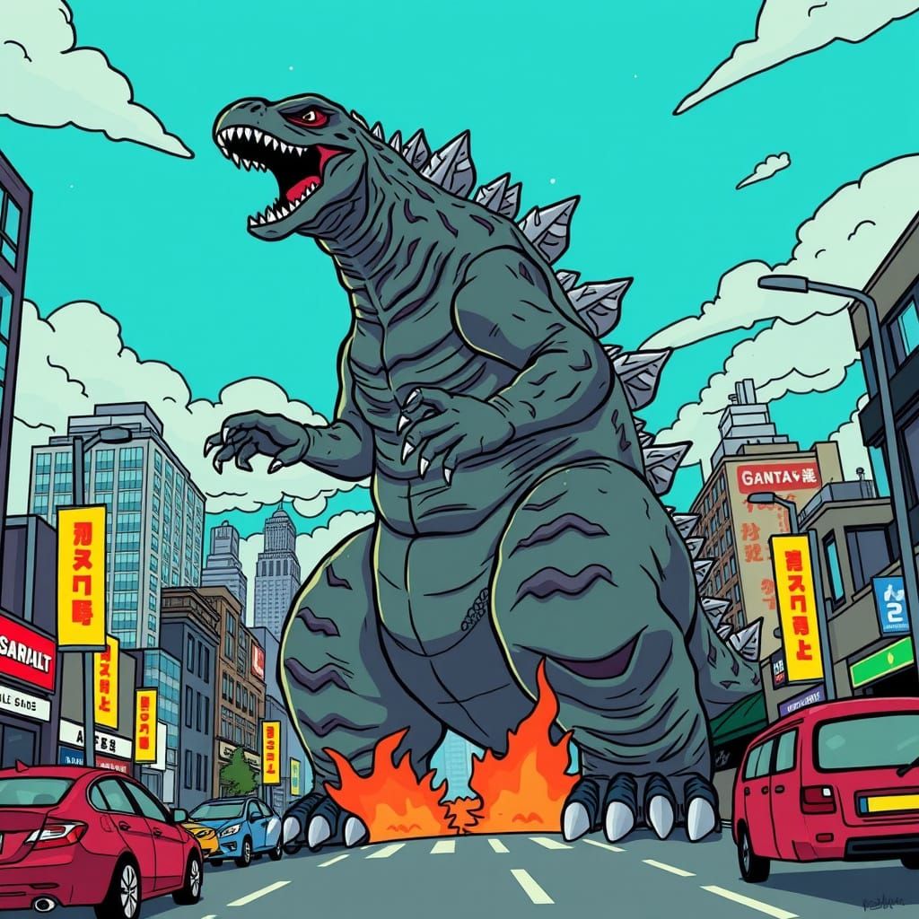 Godzilla Rampage in Cartoon Style
