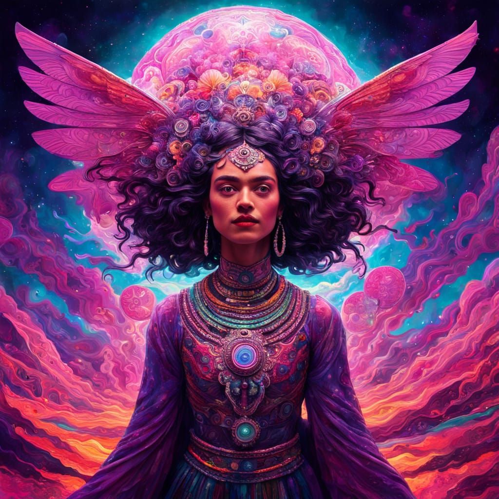 Surreal Goddess Dances Amidst Electric Colors at Futuristic...