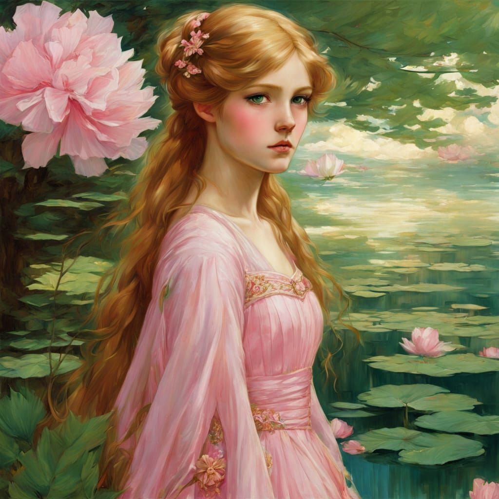 Reddish-Blond Girl in Pink Gown, Inspired by Waterhouse