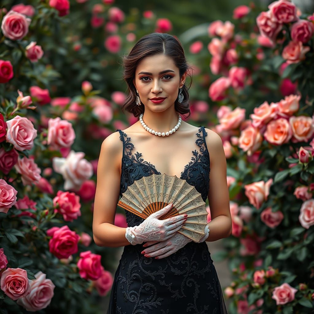 Woman in Elegant Evening Gown in Vibrant Rose Garden