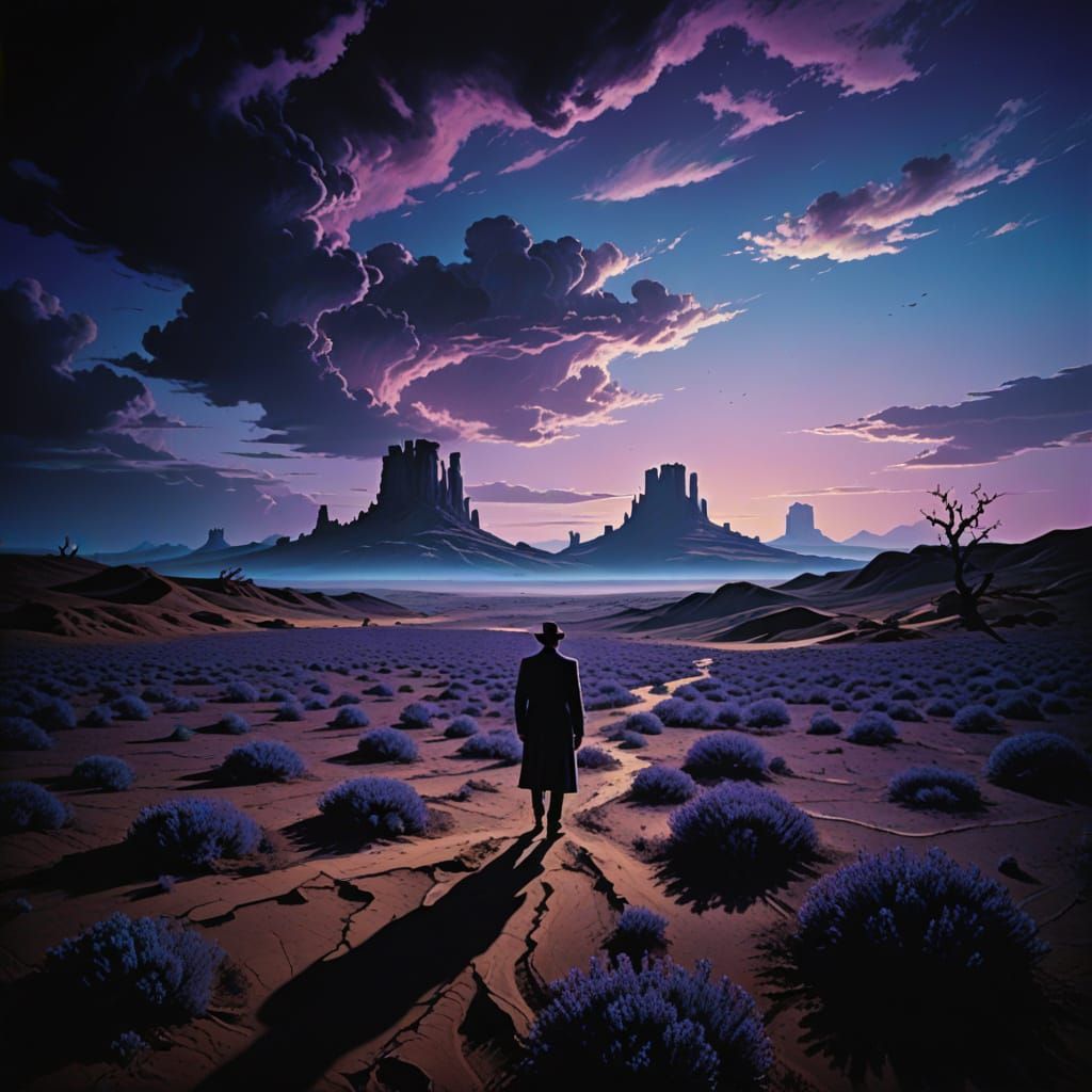 Surreal Figure in a Desolate Landscape, in Vibrant Oil Paint...