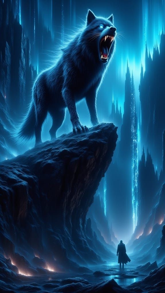 Giant Direwolf Fenrir on Icy Cliff, Rune Warrior