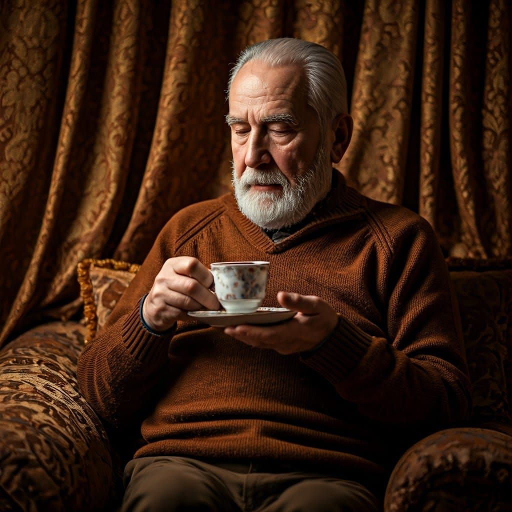 Serene Elderly Man with Tea in Candlelight
