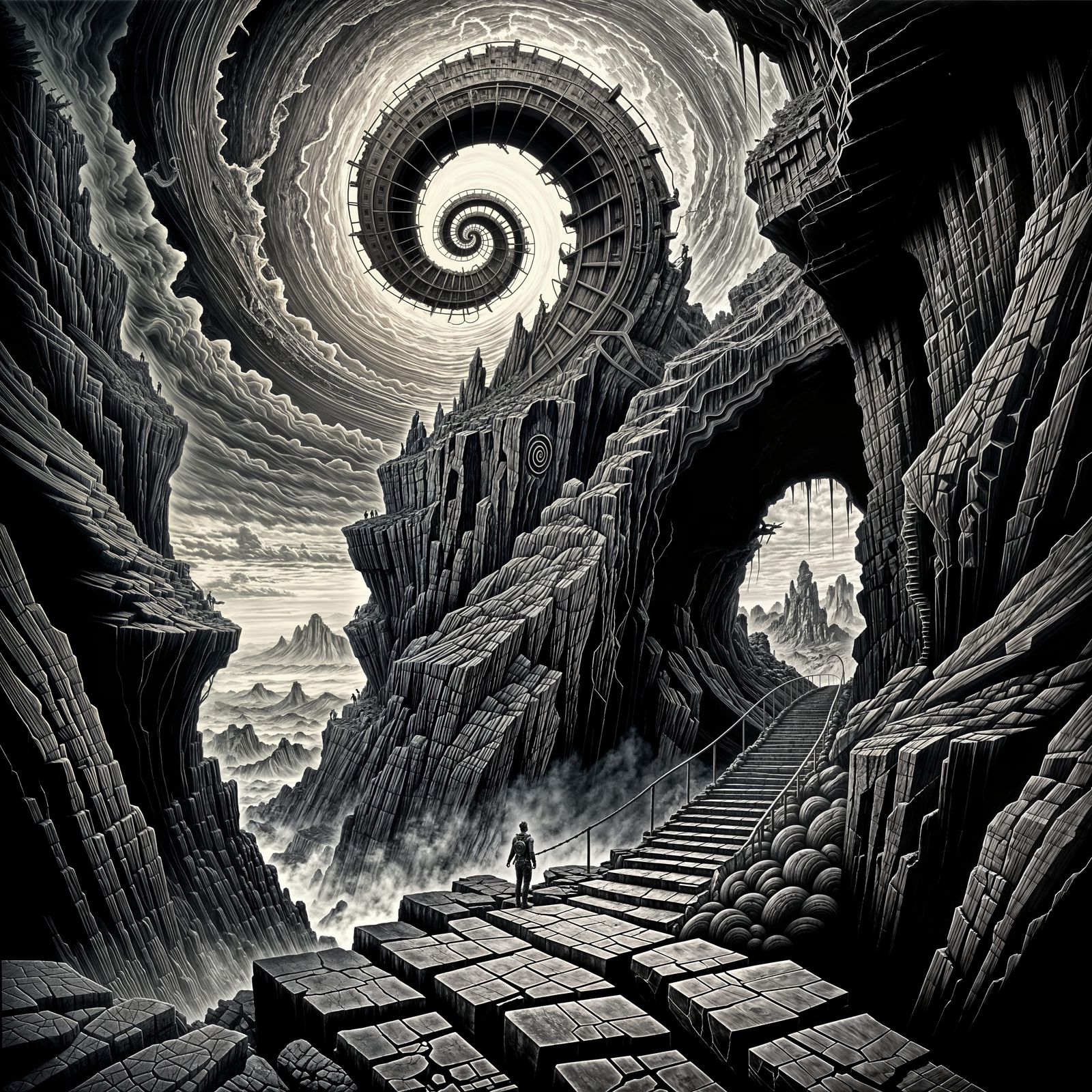 Vertigo Cliffside Path in Dark Surreal Style