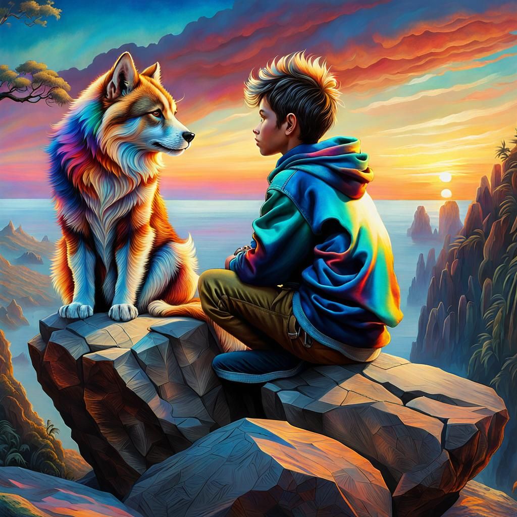 Boy Gazing at Sunset: Detailed Colorful Illustration