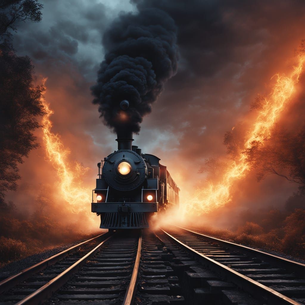 Train Emerges from Fog Under Blue Moon