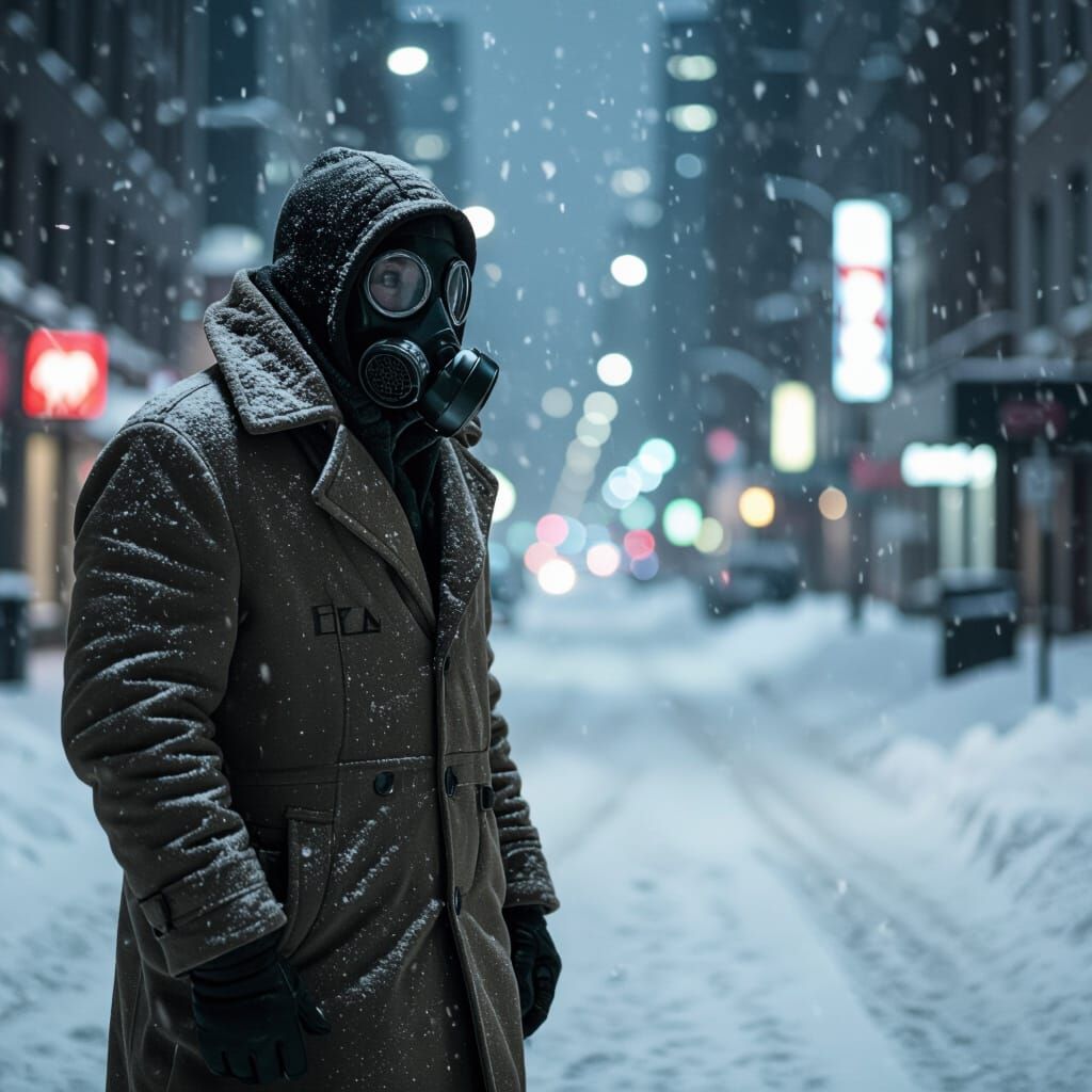 Man in Gas Mask in Snowy City, Book Cover "EXIL"