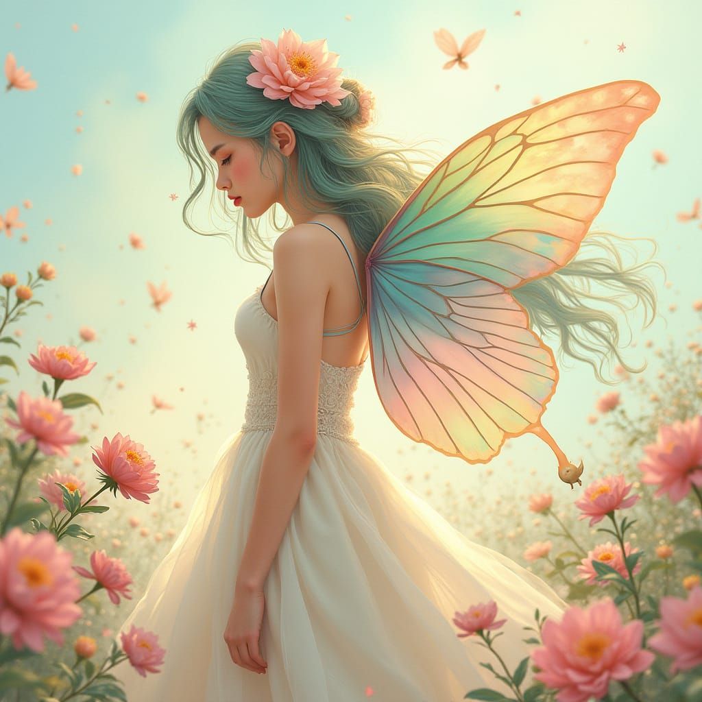 Rainbow Hair Woman with Butterfly Wings