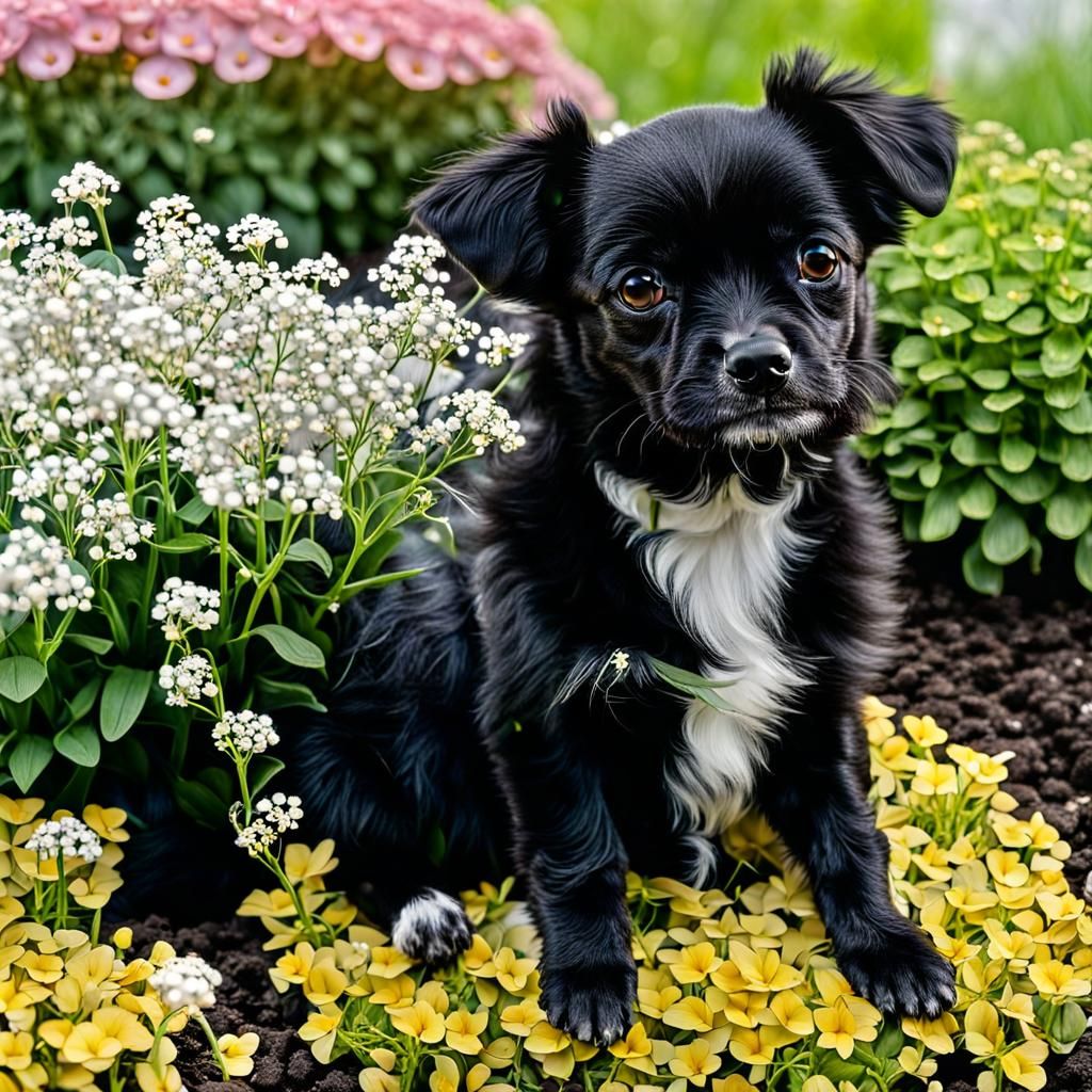 Chibi Black Dog in Baby's Breath Flower Bed