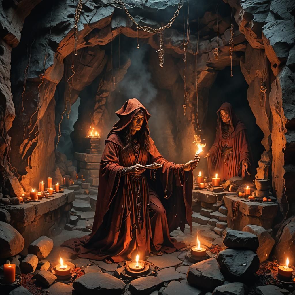 Mystical Witches Gather in Cave, Cinematic AAA Game Art