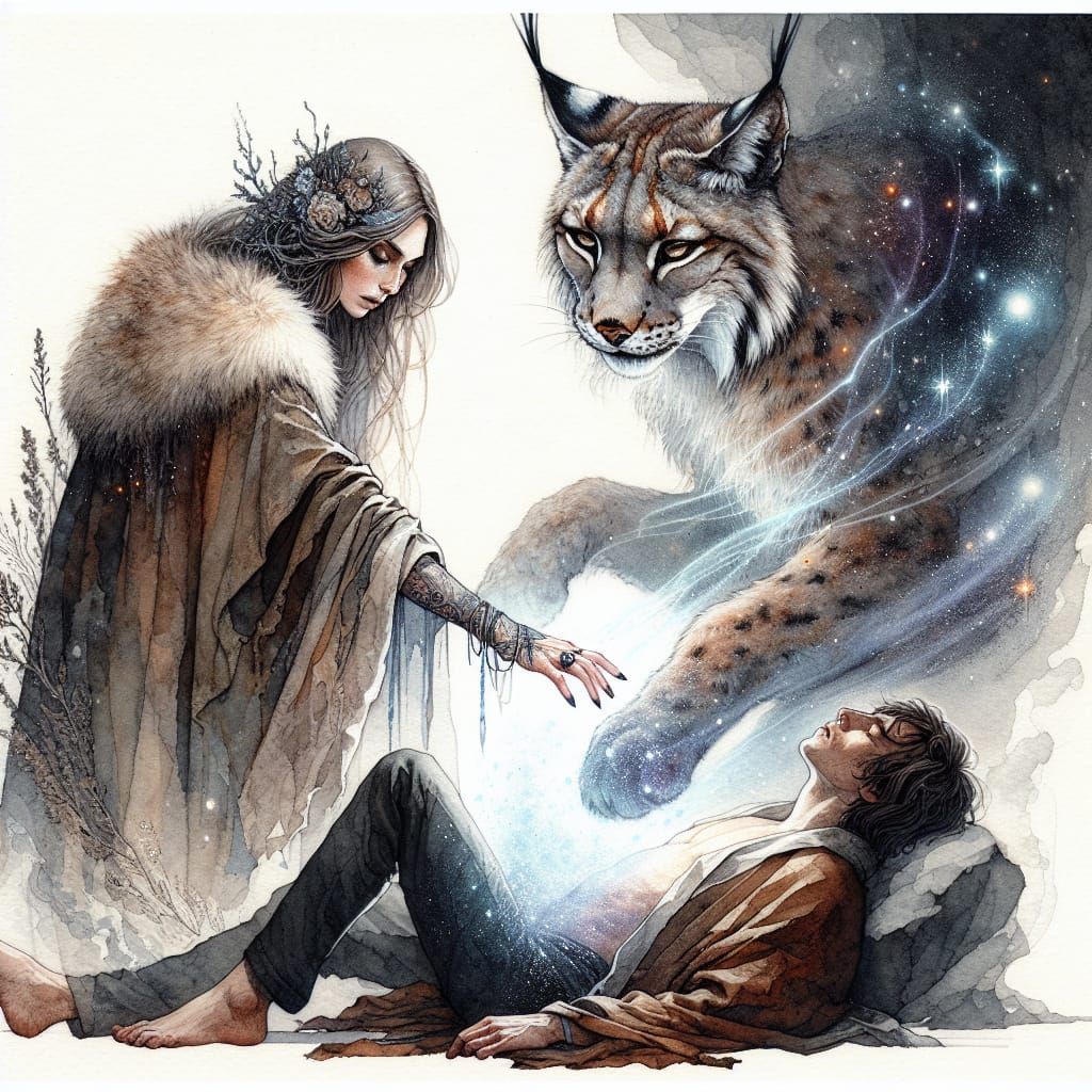 Lynx Goddess Dominates Enchanted Man in Watercolour Fantasy