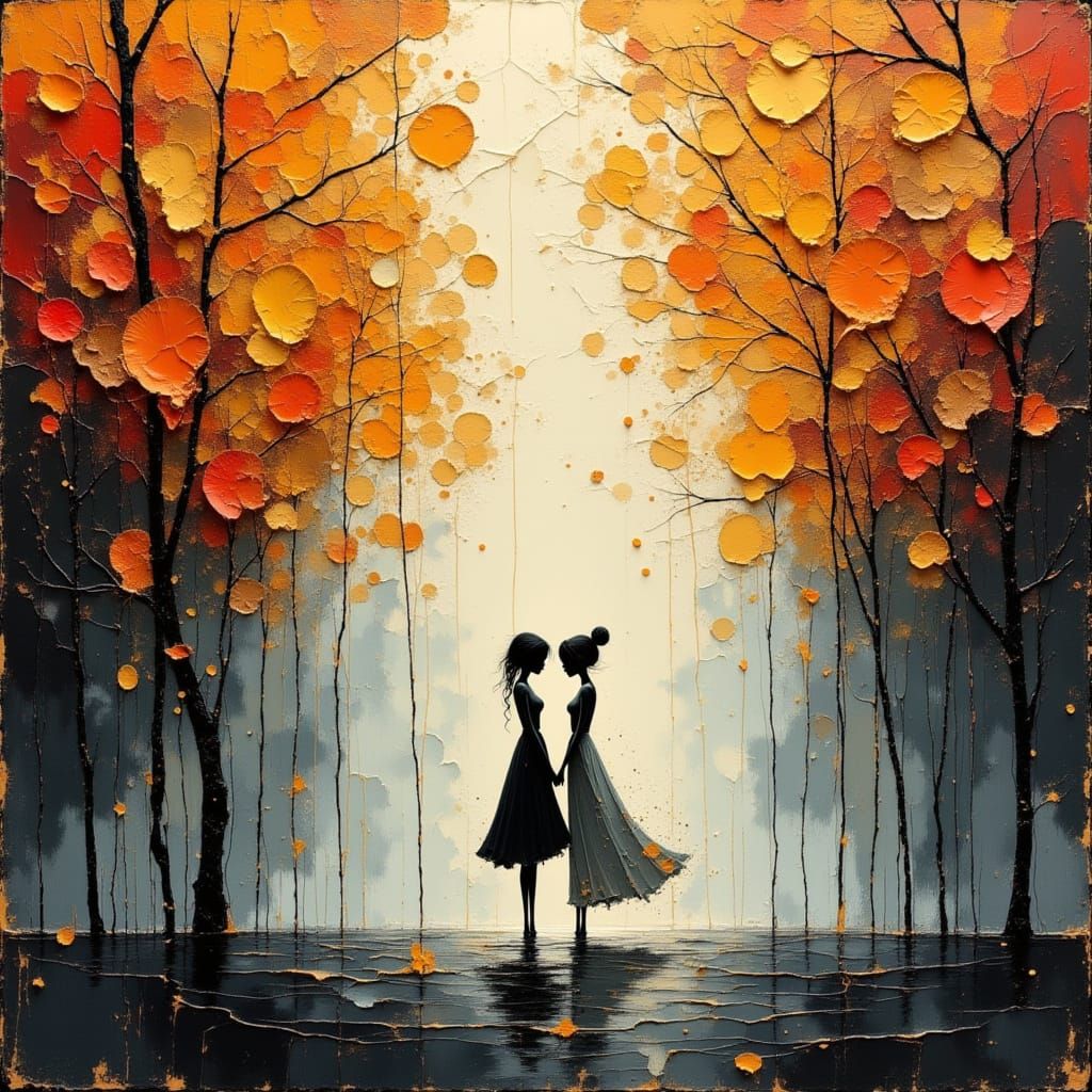 Figures Amidst Flowing Autumn Leaves in Expressive Brushstro...