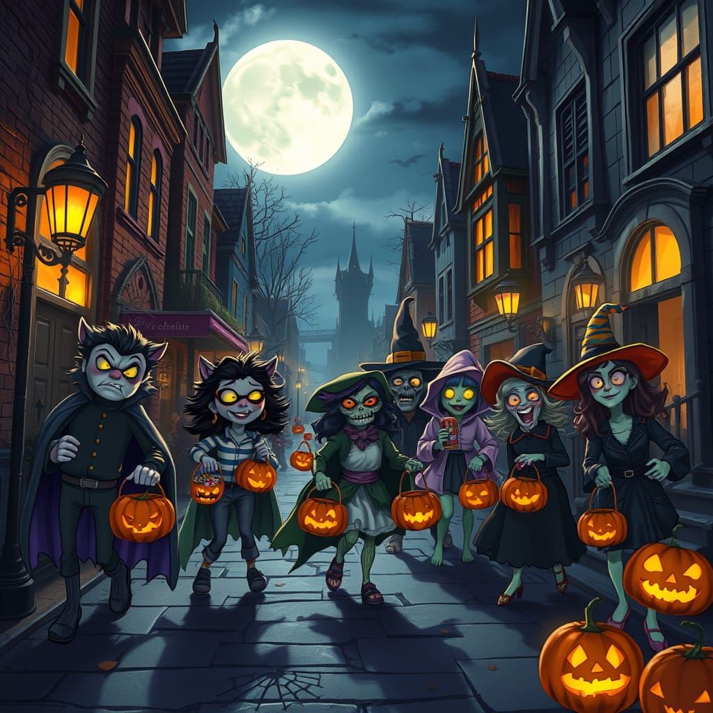 Halloween Creatures Trick-or-Treating on Elm Street