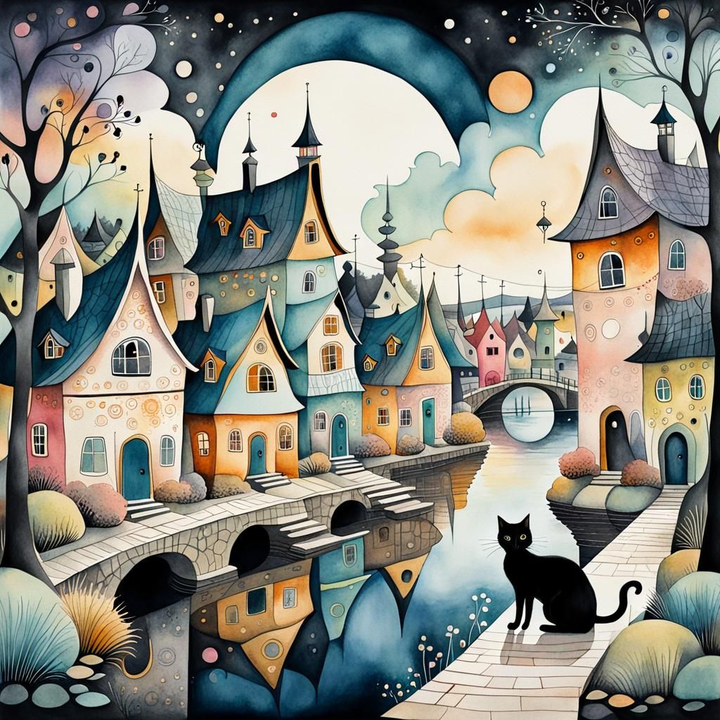 Dreamy Lakeside Village in Rosina Wachtmeister Style