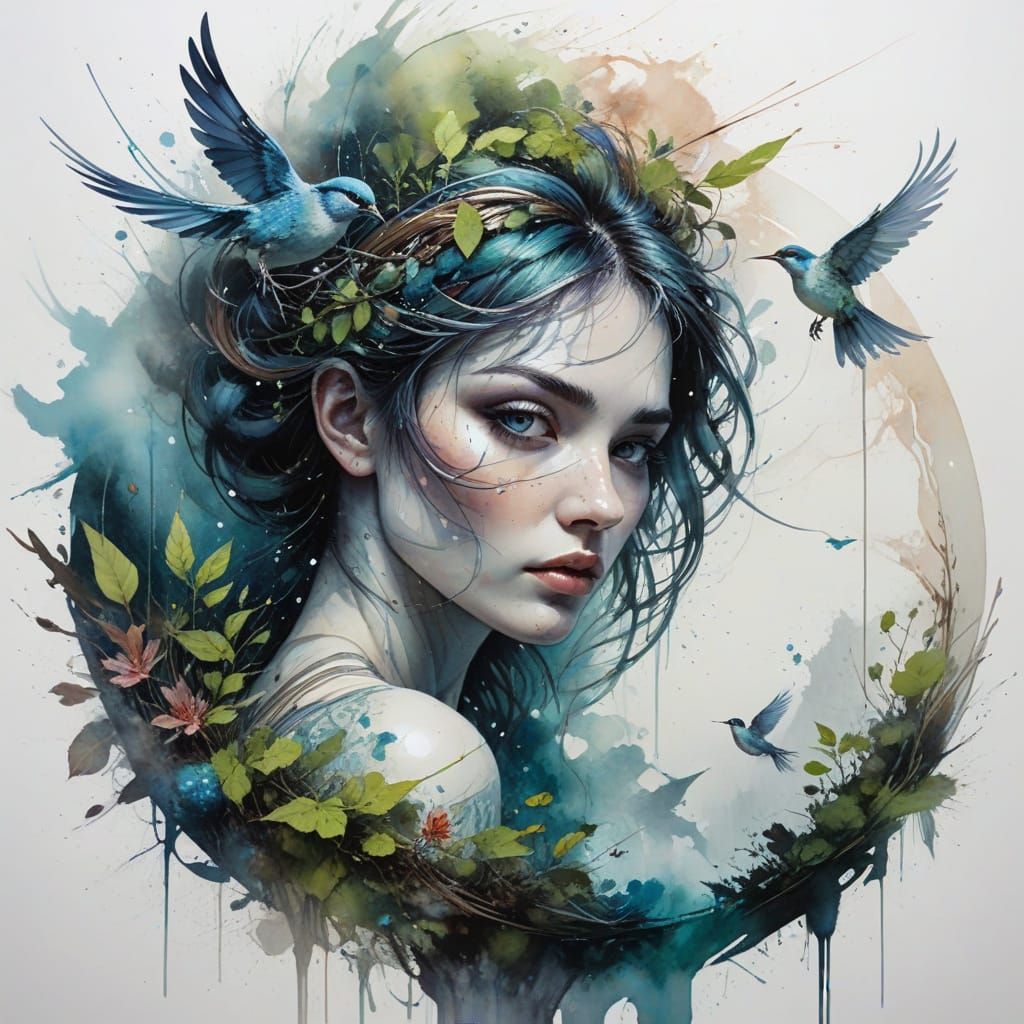 Floating World with Ancient Temple, Watercolour Art