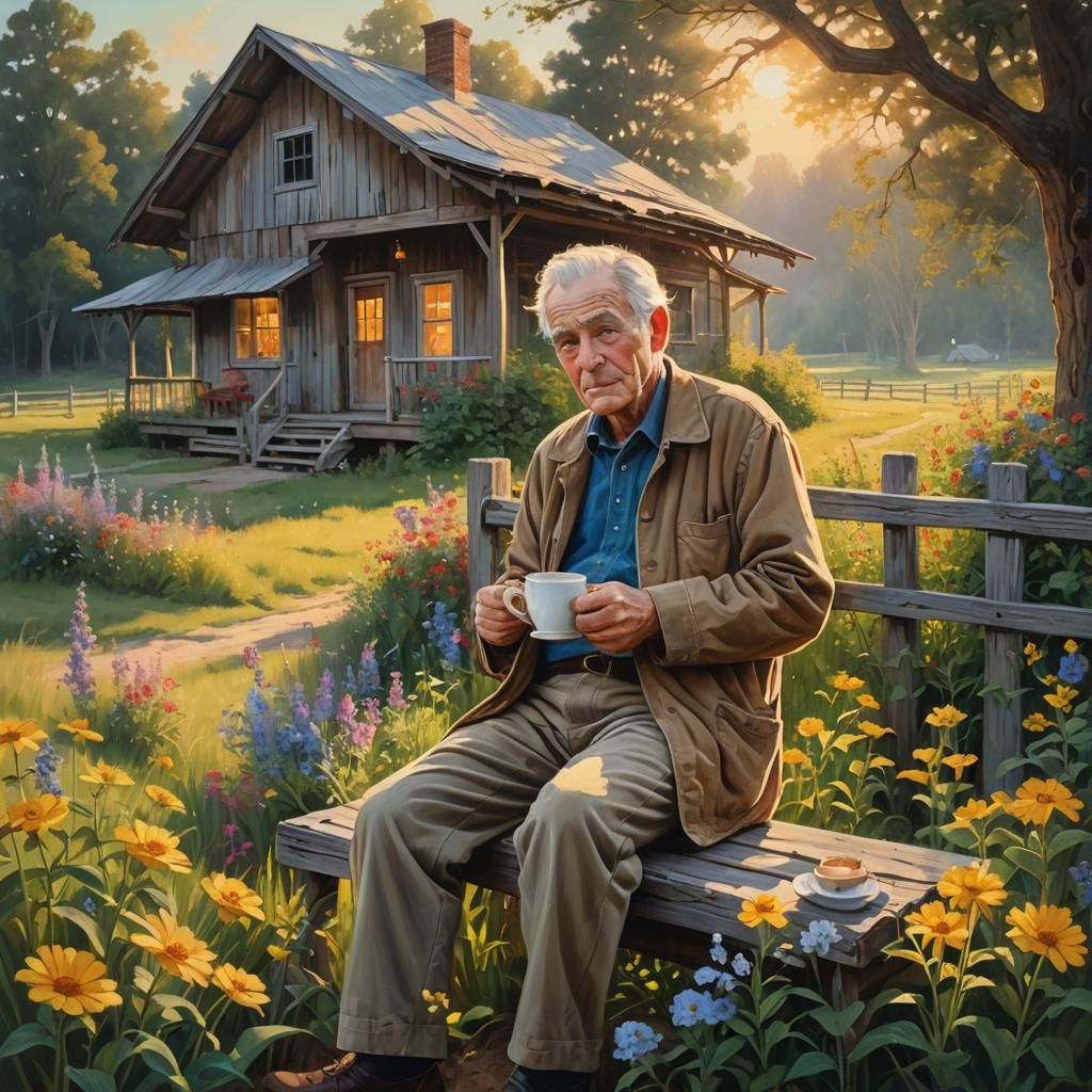 Nostalgic Oil Painting: Elderly Man's Morning Coffee
