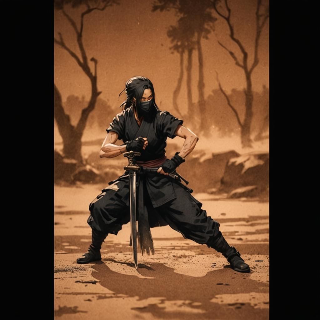 Ninja Girl Readies Sword in Ink Wash Illustration