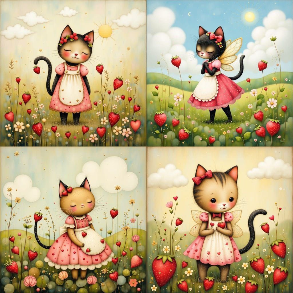 Strawberry Cat Fairy in Sunny Strawberry Field