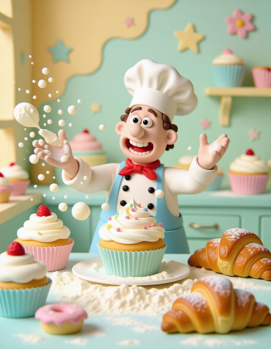 Claymation Chef's Icing Catastrophe in Pastel Bakery